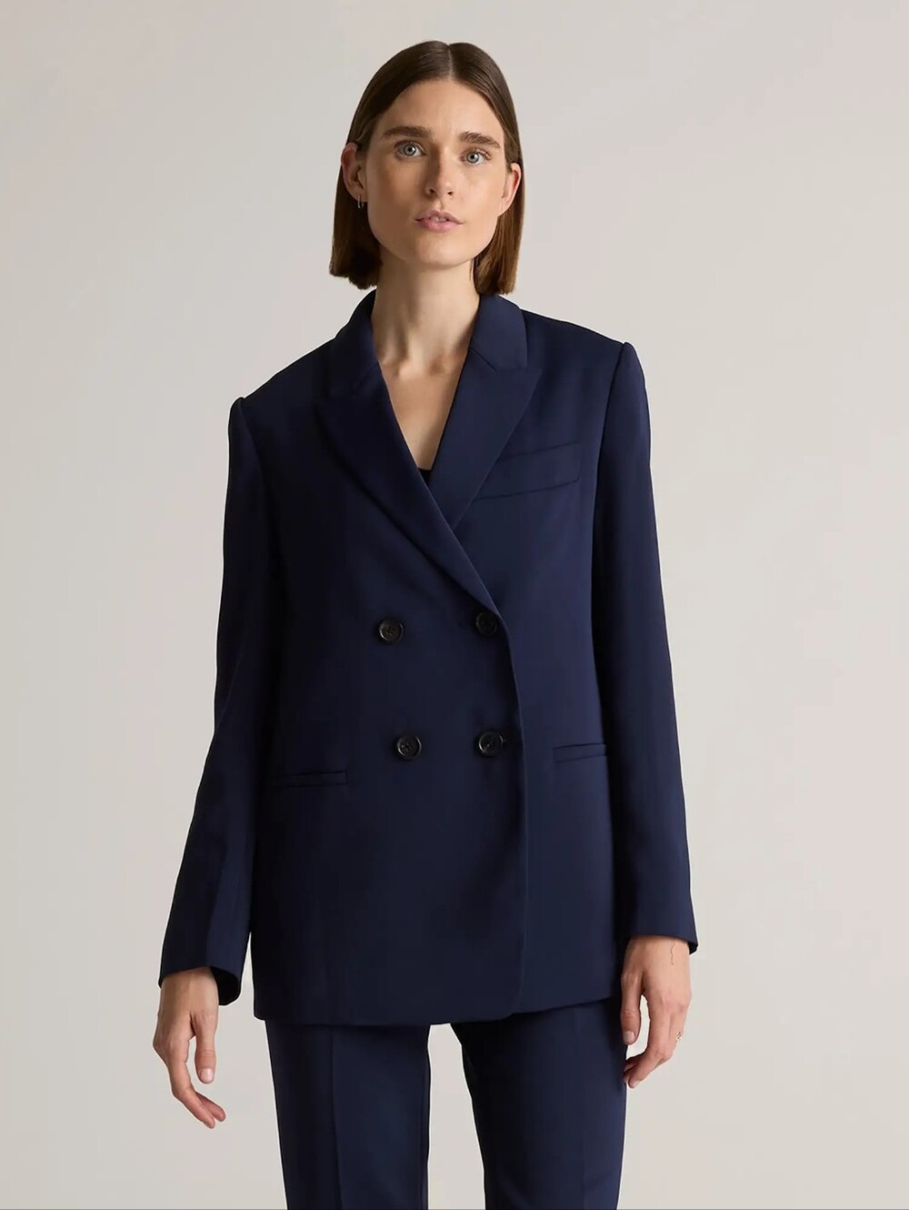 NWT Quince Stretch Crepe Relaxed Double-Breasted Navy Blazer for Women